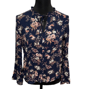 Lucky Brand Blue and Pink Blouse with Modern Elegance. Floral Ruffled Feminine